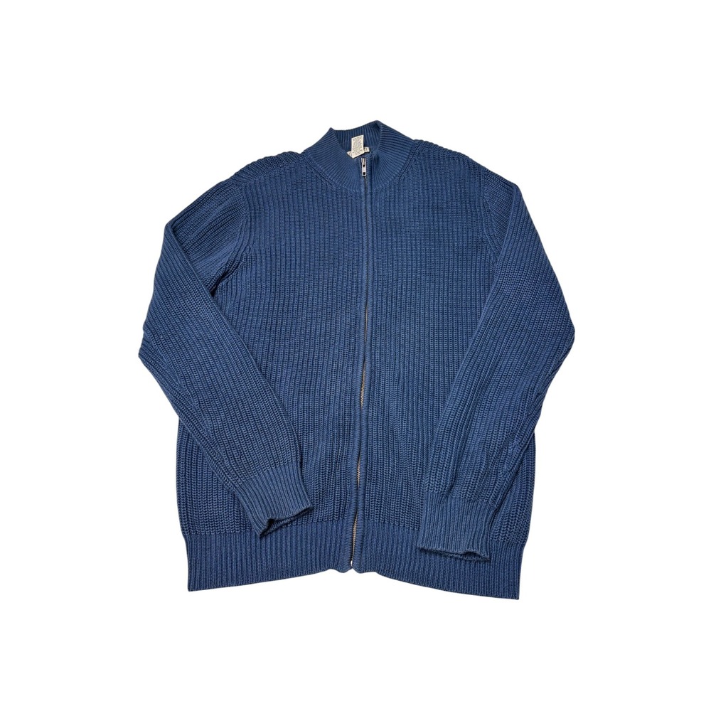 LL Bean Mens Large Tall Blue Cotton Ribbed Full Zip Cardigan Knit Sweater 0FKQ6